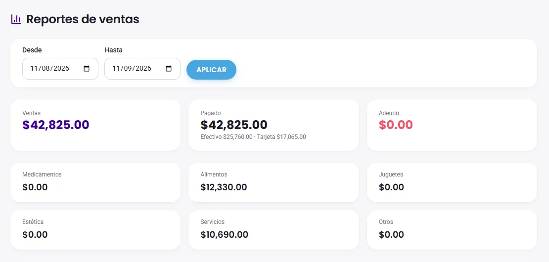 Reporte de ventas del periodo por categoría y método de pago
